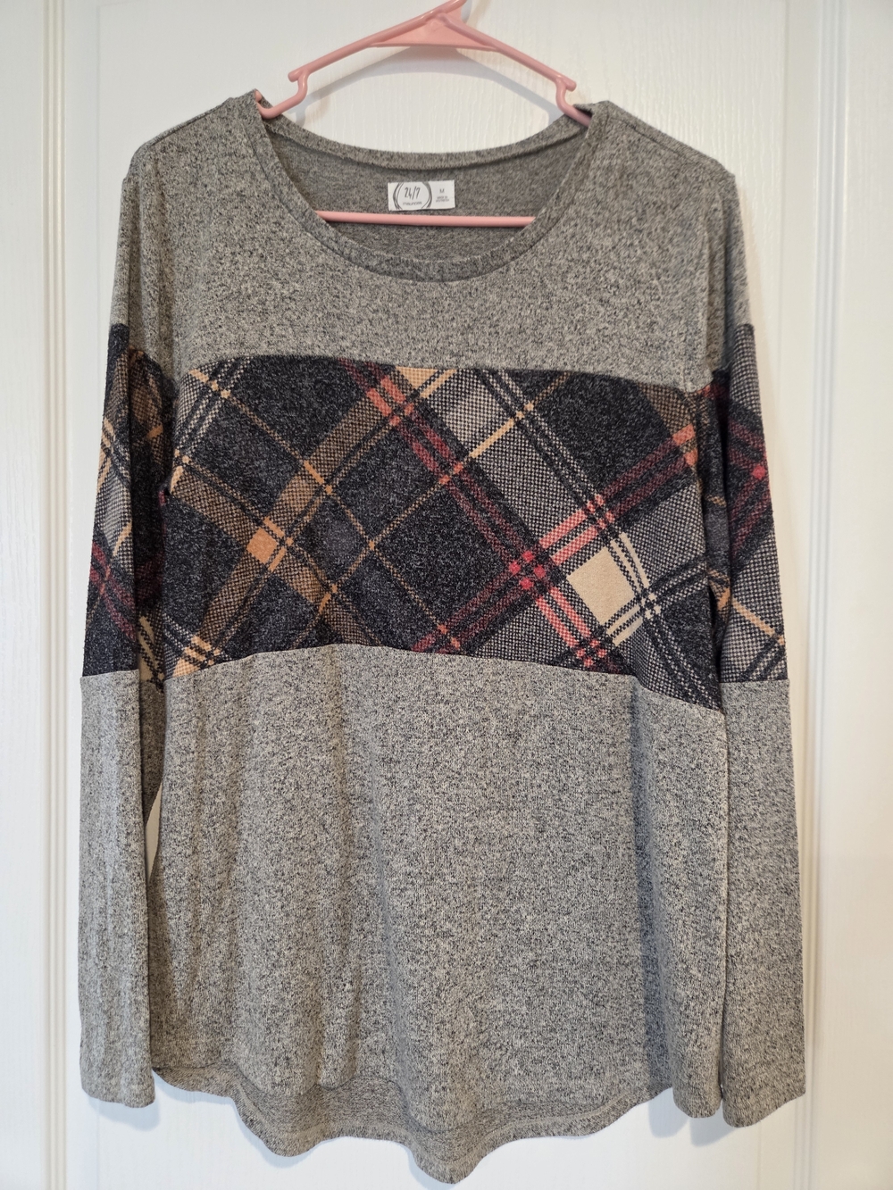 Maurices Gray Crewneck Sweater with Plaid Chest Panel